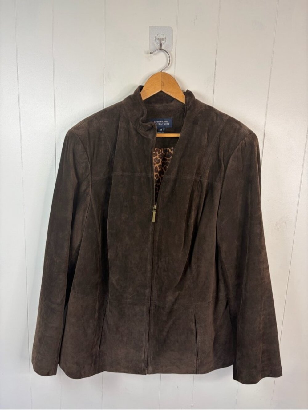 JNY Women’s Plus Size 2X brown Suede Leather Fall Jacket Leopard Print Lined